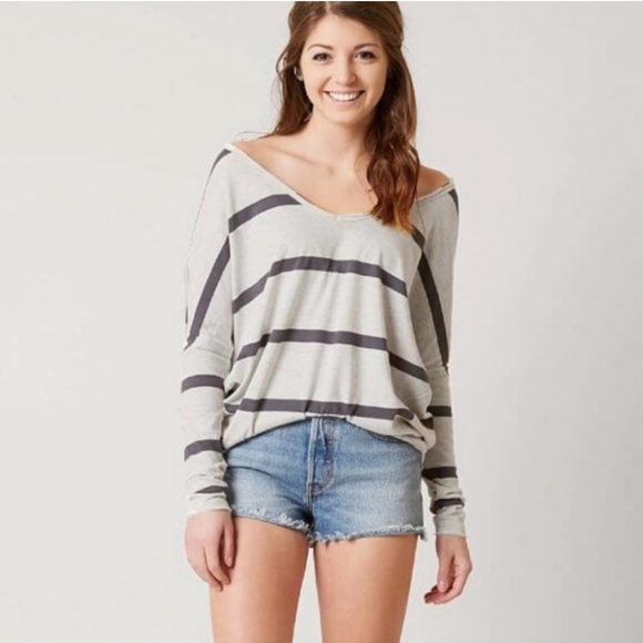 Free People oversized hi-low black gray striped cotton frayed blouse tunic top - Picture 3 of 11